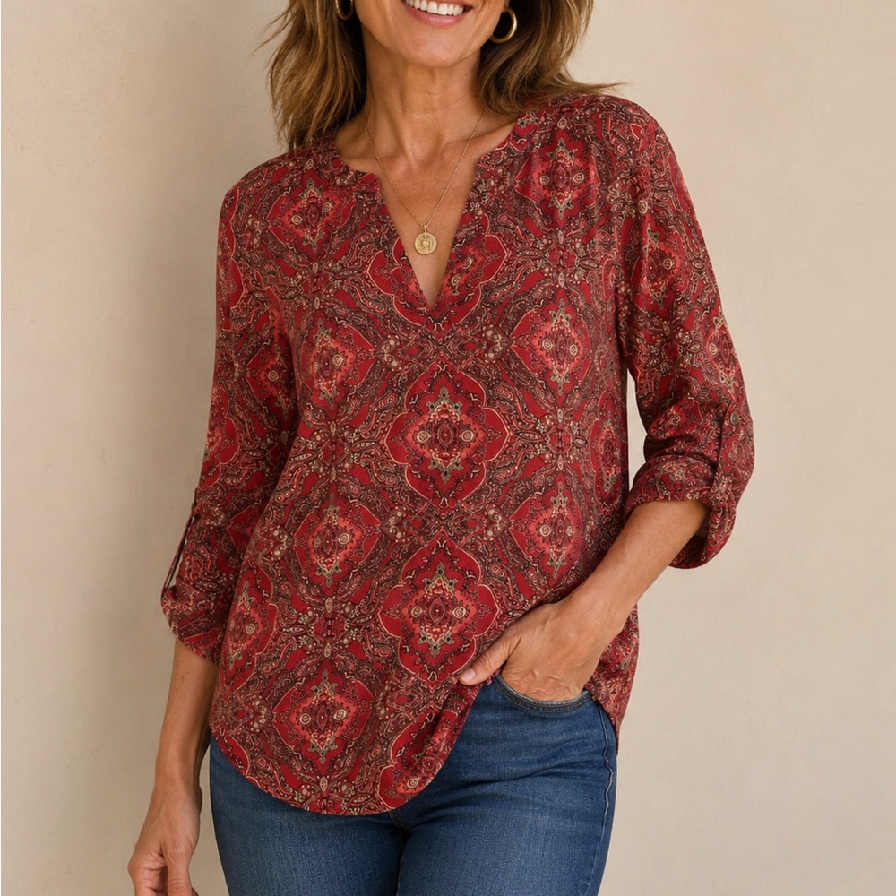Maurices Boho Top Roll Tab Sleeve Top Sz Large